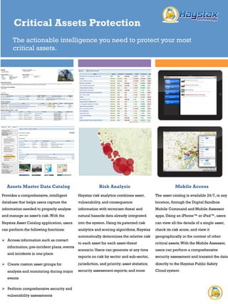 Protecting key assets in a collaborative private and public sector
partnership
Asset Master Data Catalog
Provides a comprehensive, intelligent
database that helps users capture the
information needed to properly analyze and
manage an asset’s risk. With the Haystax
Asset Catalog application, users can perform
the following functions:
 Access information such as contact
information, pre-incident plans, events and
incidents in one place
 Create custom asset groups for analysis
and monitoring during major events
 Perform comprehensive security and
vulnerability assessments
Risk Analysis
Haystax risk analytics combines asset,
vulnerability, and consequence
information with terrorism threat and
natural hazards data already integrated
into the system. Using its patented risk
analytics and scoring algorithms, Haystax
automatically determines the relative risk
to each asset for each asset-threat
scenario. Users can generate at any time
reports on risk by sector and sub-sector,
jurisdiction, and priority; asset statistics;
security assessment reports; and more
Mobile Access
The asset catalog is available 24/7, in
any location, through the Digital
Sandbox Mobile Command and Mobile
Assessor apps. Using an iPhone™ or
iPad™, users can view all the details of
a single asset, check its risk score, and
view it geographically in the context of
other critical assets. With the Mobile
Assessor, users can perform a
comprehensive security assessment
and transmit the data directly to the
Haystax Public Safety Cloud system
Critical Infrastructure Protection
 