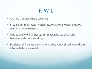 K-W-L
 A chart that has three columns
 K-W-L stands for what you know, what you want to know,
and what you learned.
 This strategy will allow students to activate their prior
knowledge before reading.
 Students will create a chart and write what they know about
a topic before we read.
 