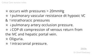 ✯ occurs with pressures > 20mmHg
✯ ↑pulmonary vascular resistance dt hypoxic VC
& ↑intrathoracic pressures
✯ ↓pulmonary artery occlusion pressure.
✯ ↓COP dt compression of venous return from
the IVC and hepatic portal vein.
✯ Oliguria.
✯ ↑intracranial pressure.
292b
Critical Care revision notes
Dr.Sherif Badrawy
 