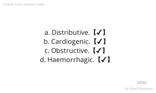 a. Distributive.【✔】
b. Cardiogenic.【✔】
c. Obstructive.【✔】
d. Haemorrhagic.【✔】
393b
Critical Care revision notes
Dr.Sherif Badrawy
 