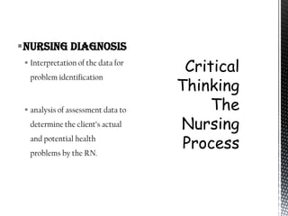 Nursing Diagnosis
  Interpretation of the data for
  problem identification



  analysis of assessment data to
  determine the client’s actual
  and potential health
  problems by the RN.
 