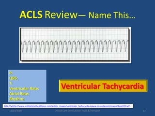 ACLSReview— Name This…P:QRS:T:Ventricular Rate:Atrial Rate: Rhythm:Ventricular Tachycardiahttp://whttp://www.scottishirishhealthcare.com/article_images/ventricular_tachycardia.jpgww.m.auvilacom/images/BasicECG.gif12/23/2009Critical Care Core Course--ACLS & Transport21