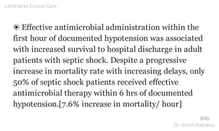 ❀ Effective antimicrobial administration within the
first hour of documented hypotension was associated
with increased survival to hospital discharge in adult
patients with septic shock. Despite a progressive
increase in mortality rate with increasing delays, only
50% of septic shock patients received effective
antimicrobial therapy within 6 hrs of documented
hypotension.[7.6% increase in mortality/ hour]
84b
Landmarks Critical Care
Dr. Sherif Badrawy
 
