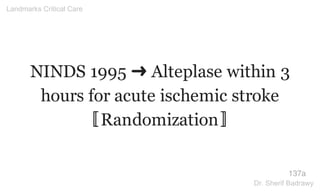 NINDS 1995 ➜ Alteplase within 3
hours for acute ischemic stroke
〚Randomization〛
137a
Landmarks Critical Care
Dr. Sherif Badrawy
 