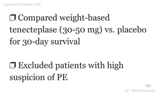 ❐ Compared weight-based
tenecteplase (30-50 mg) vs. placebo
for 30-day survival
❐ Excluded patients with high
suspicion of PE
15b
Landmarks Critical Care
Dr. Sherif Badrawy
 