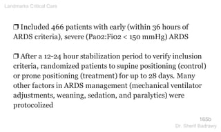 ❐ Included 466 patients with early (within 36 hours of
ARDS criteria), severe (Pa02:Fi02 < 150 mmHg) ARDS
❐ After a 12-24 hour stabilization period to verify inclusion
criteria, randomized patients to supine positioning (control)
or prone positioning (treatment) for up to 28 days. Many
other factors in ARDS management (mechanical ventilator
adjustments, weaning, sedation, and paralytics) were
protocolized
165b
Landmarks Critical Care
Dr. Sherif Badrawy
 