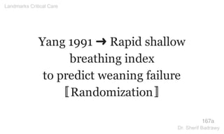 Yang 1991 ➜ Rapid shallow
breathing index
to predict weaning failure
〚Randomization〛
167a
Landmarks Critical Care
Dr. Sherif Badrawy
 