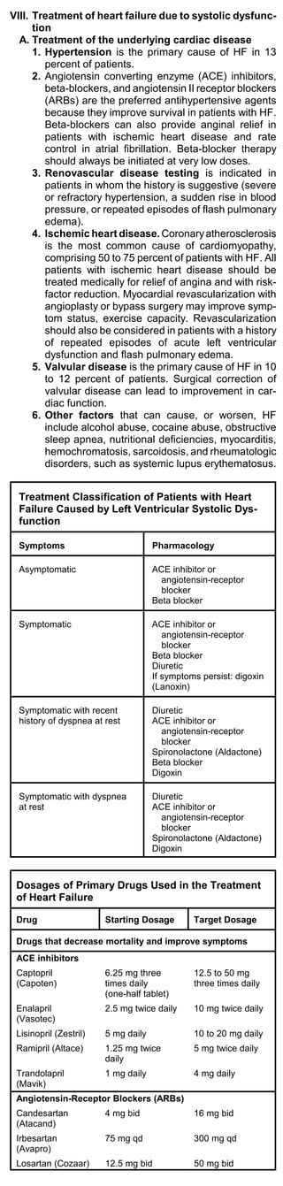 VIII. Treatment of heart failure due to systolic dysfunc-
      tion
  A. Treatment of the underlying cardiac disease
      1. Hypertension is the primary cause of HF in 13
         percent of patients.
      2. Angiotensin converting enzyme (ACE) inhibitors,
         beta-blockers, and angiotensin II receptor blockers
         (ARBs) are the preferred antihypertensive agents
         because they improve survival in patients with HF.
         Beta-blockers can also provide anginal relief in
         patients with ischemic heart disease and rate
         control in atrial fibrillation. Beta-blocker therapy
         should always be initiated at very low doses.
      3. Renovascular disease testing is indicated in
         patients in whom the history is suggestive (severe
         or refractory hypertension, a sudden rise in blood
         pressure, or repeated episodes of flash pulmonary
         edema).
      4. Ischemic heart disease. Coronary atherosclerosis
         is the most common cause of cardiomyopathy,
         comprising 50 to 75 percent of patients with HF. All
         patients with ischemic heart disease should be
         treated medically for relief of angina and with risk-
         factor reduction. Myocardial revascularization with
         angioplasty or bypass surgery may improve symp-
         tom status, exercise capacity. Revascularization
         should also be considered in patients with a history
         of repeated episodes of acute left ventricular
         dysfunction and flash pulmonary edema.
      5. Valvular disease is the primary cause of HF in 10
         to 12 percent of patients. Surgical correction of
         valvular disease can lead to improvement in car-
         diac function.
      6. Other factors that can cause, or worsen, HF
         include alcohol abuse, cocaine abuse, obstructive
         sleep apnea, nutritional deficiencies, myocarditis,
         hemochromatosis, sarcoidosis, and rheumatologic
         disorders, such as systemic lupus erythematosus.


  Treatment Classification of Patients with Heart
  Failure Caused by Left Ventricular Systolic Dys-
  function

  Symptoms                           Pharmacology

  Asymptomatic                       ACE inhibitor or
                                       angiotensin-receptor
                                       blocker
                                     Beta blocker

  Symptomatic                        ACE inhibitor or
                                        angiotensin-receptor
                                        blocker
                                     Beta blocker
                                     Diuretic
                                     If symptoms persist: digoxin
                                     (Lanoxin)

  Symptomatic with recent            Diuretic
  history of dyspnea at rest         ACE inhibitor or
                                       angiotensin-receptor
                                       blocker
                                     Spironolactone (Aldactone)
                                     Beta blocker
                                     Digoxin

  Symptomatic with dyspnea           Diuretic
  at rest                            ACE inhibitor or
                                       angiotensin-receptor
                                       blocker
                                     Spironolactone (Aldactone)
                                     Digoxin



 Dosages of Primary Drugs Used in the Treatment
 of Heart Failure

 Drug                   Starting Dosage        Target Dosage

 Drugs that decrease mortality and improve symptoms
 ACE inhibitors
 Captopril              6.25 mg three          12.5 to 50 mg
 (Capoten)              times daily            three times daily
                        (one-half tablet)
 Enalapril              2.5 mg twice daily     10 mg twice daily
 (Vasotec)
 Lisinopril (Zestril)   5 mg daily             10 to 20 mg daily
 Ramipril (Altace)      1.25 mg twice          5 mg twice daily
                        daily
 Trandolapril           1 mg daily             4 mg daily
 (Mavik)
 Angiotensin-Receptor Blockers (ARBs)
 Candesartan            4 mg bid               16 mg bid
 (Atacand)
 Irbesartan             75 mg qd               300 mg qd
 (Avapro)
 Losartan (Cozaar)      12.5 mg bid            50 mg bid
 