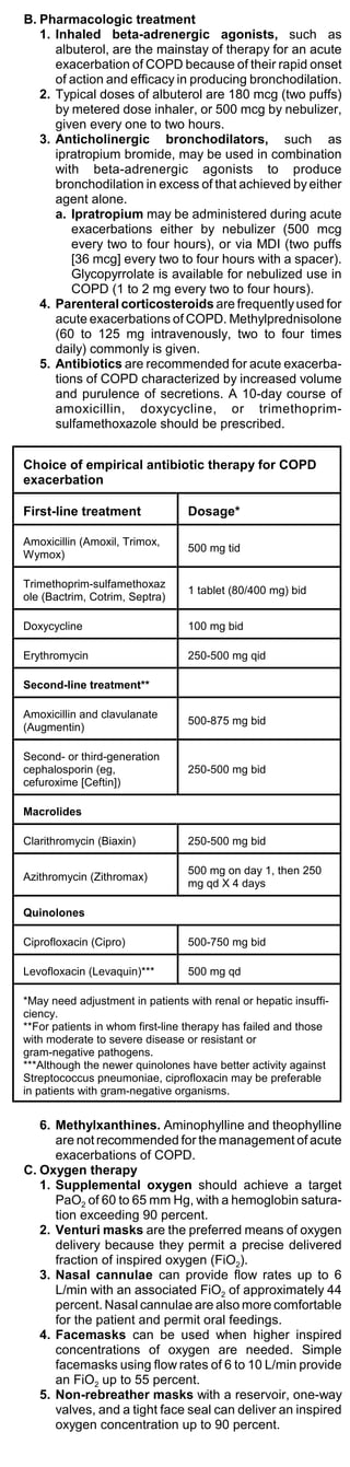 B. Pharmacologic treatment
   1. Inhaled beta-adrenergic agonists, such as
      albuterol, are the mainstay of therapy for an acute
      exacerbation of COPD because of their rapid onset
      of action and efficacy in producing bronchodilation.
   2. Typical doses of albuterol are 180 mcg (two puffs)
      by metered dose inhaler, or 500 mcg by nebulizer,
      given every one to two hours.
   3. Anticholinergic bronchodilators, such as
      ipratropium bromide, may be used in combination
      with beta-adrenergic agonists to produce
      bronchodilation in excess of that achieved by either
      agent alone.
      a. Ipratropium may be administered during acute
         exacerbations either by nebulizer (500 mcg
         every two to four hours), or via MDI (two puffs
         [36 mcg] every two to four hours with a spacer).
         Glycopyrrolate is available for nebulized use in
         COPD (1 to 2 mg every two to four hours).
   4. Parenteral corticosteroids are frequently used for
      acute exacerbations of COPD. Methylprednisolone
      (60 to 125 mg intravenously, two to four times
      daily) commonly is given.
   5. Antibiotics are recommended for acute exacerba-
      tions of COPD characterized by increased volume
      and purulence of secretions. A 10-day course of
      amoxicillin, doxycycline, or trimethoprim-
      sulfamethoxazole should be prescribed.


Choice of empirical antibiotic therapy for COPD
exacerbation

First-line treatment             Dosage*

Amoxicillin (Amoxil, Trimox,
                                 500 mg tid
Wymox)

Trimethoprim-sulfamethoxaz
                                 1 tablet (80/400 mg) bid
ole (Bactrim, Cotrim, Septra)

Doxycycline                      100 mg bid

Erythromycin                     250-500 mg qid

Second-line treatment**

Amoxicillin and clavulanate
                                 500-875 mg bid
(Augmentin)

Second- or third-generation
cephalosporin (eg,               250-500 mg bid
cefuroxime [Ceftin])

Macrolides

Clarithromycin (Biaxin)          250-500 mg bid

                                 500 mg on day 1, then 250
Azithromycin (Zithromax)
                                 mg qd X 4 days

Quinolones

Ciprofloxacin (Cipro)            500-750 mg bid

Levofloxacin (Levaquin)***       500 mg qd

*May need adjustment in patients with renal or hepatic insuffi-
ciency.
**For patients in whom first-line therapy has failed and those
with moderate to severe disease or resistant or
gram-negative pathogens.
***Although the newer quinolones have better activity against
Streptococcus pneumoniae, ciprofloxacin may be preferable
in patients with gram-negative organisms.


   6. Methylxanthines. Aminophylline and theophylline
      are not recommended for the management of acute
      exacerbations of COPD.
C. Oxygen therapy
   1. Supplemental oxygen should achieve a target
      PaO2 of 60 to 65 mm Hg, with a hemoglobin satura-
      tion exceeding 90 percent.
   2. Venturi masks are the preferred means of oxygen
      delivery because they permit a precise delivered
      fraction of inspired oxygen (FiO2).
   3. Nasal cannulae can provide flow rates up to 6
      L/min with an associated FiO2 of approximately 44
      percent. Nasal cannulae are also more comfortable
      for the patient and permit oral feedings.
   4. Facemasks can be used when higher inspired
      concentrations of oxygen are needed. Simple
      facemasks using flow rates of 6 to 10 L/min provide
      an FiO2 up to 55 percent.
   5. Non-rebreather masks with a reservoir, one-way
      valves, and a tight face seal can deliver an inspired
      oxygen concentration up to 90 percent.
 
