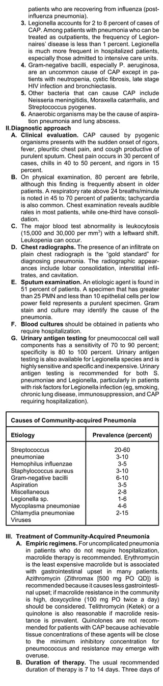 patients who are recovering from influenza (post-
         influenza pneumonia).
      3. Legionella accounts for 2 to 8 percent of cases of
         CAP. Among patients with pneumonia who can be
         treated as outpatients, the frequency of Legion-
         naires’ disease is less than 1 percent. Legionella
         is much more frequent in hospitalized patients,
         especially those admitted to intensive care units.
      4. Gram-negative bacilli, especially P. aeruginosa,
         are an uncommon cause of CAP except in pa-
         tients with neutropenia, cystic fibrosis, late stage
         HIV infection and bronchiectasis.
      5. Other bacteria that can cause CAP include
         Neisseria meningitidis, Moraxella catarrhalis, and
         Streptococcus pyogenes.
      6. Anaerobic organisms may be the cause of aspira-
         tion pneumonia and lung abscess.
II.Diagnostic approach
   A. Clinical evaluation. CAP caused by pyogenic
      organisms presents with the sudden onset of rigors,
      fever, pleuritic chest pain, and cough productive of
      purulent sputum. Chest pain occurs in 30 percent of
      cases, chills in 40 to 50 percent, and rigors in 15
      percent.
   B. On physical examination, 80 percent are febrile,
      although this finding is frequently absent in older
      patients. A respiratory rate above 24 breaths/minute
      is noted in 45 to 70 percent of patients; tachycardia
      is also common. Chest examination reveals audible
      rales in most patients, while one-third have consoli-
      dation.
   C. The major blood test abnormality is leukocytosis
      (15,000 and 30,000 per mm3) with a leftward shift.
      Leukopenia can occur.
   D. Chest radiographs. The presence of an infiltrate on
      plain chest radiograph is the “gold standard” for
      diagnosing pneumonia. The radiographic appear-
      ances include lobar consolidation, interstitial infil-
      trates, and cavitation.
   E. Sputum examination. An etiologic agent is found in
      51 percent of patients. A specimen that has greater
      than 25 PMN and less than 10 epithelial cells per low
      power field represents a purulent specimen. Gram
      stain and culture may identify the cause of the
      pneumonia.
   F. Blood cultures should be obtained in patients who
      require hospitalization.
   G. Urinary antigen testing for pneumococcal cell wall
      components has a sensitivity of 70 to 90 percent;
      specificity is 80 to 100 percent. Urinary antigen
      testing is also available for Legionella species and is
      highly sensitive and specific and inexpensive. Urinary
      antigen testing is recommended for both S.
      pneumoniae and Legionella, particularly in patients
      with risk factors for Legionella infection (eg, smoking,
      chronic lung disease, immunosuppression, and CAP
      requiring hospitalization).


  Causes of Community-acquired Pneumonia

  Etiology                         Prevalence (percent)

  Streptococcus                            20-60
  pneumoniae                               3-10
  Hemophilus influenzae                     3-5
  Staphylococcus aureus                    3-10
  Gram-negative bacilli                    6-10
  Aspiration                                3-5
  Miscellaneous                             2-8
  Legionella sp.                            1-6
  Mycoplasma pneumoniae                     4-6
  Chlamydia pneumoniae                     2-15
  Viruses

III. Treatment of Community-Acquired Pneumonia
     A. Empiric regimens. For uncomplicated pneumonia
        in patients who do not require hospitalization,
        macrolide therapy is recommended. Erythromycin
        is the least expensive macrolide but is associated
        with gastrointestinal upset in many patients.
        Azithromycin (Zithromax [500 mg PO QD]) is
        recommended because it causes less gastrointesti-
        nal upset; if macrolide resistance in the community
        is high, doxycycline (100 mg PO twice a day)
        should be considered. Telithromycin (Ketek) or a
        quinolone is also reasonable if macrolide resis-
        tance is prevalent. Quinolones are not recom-
        mended for patients with CAP because achievable
        tissue concentrations of these agents will be close
        to the minimum inhibitory concentration for
        pneumococcus and resistance may emerge with
        overuse.
     B. Duration of therapy. The usual recommended
        duration of therapy is 7 to 14 days. Three days of
 