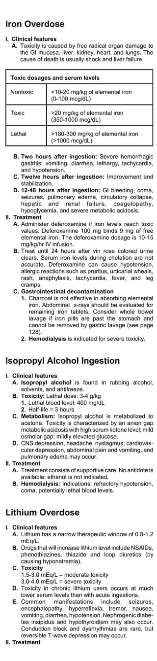 Iron Overdose
I. Clinical features
   A. Toxicity is caused by free radical organ damage to
      the GI mucosa, liver, kidney, heart, and lungs. The
      cause of death is usually shock and liver failure.


  Toxic dosages and serum levels

  Nontoxic         <10-20 mg/kg of elemental iron
                   (0-100 mcg/dL)

  Toxic            >20 mg/kg of elemental iron
                   (350-1000 mcg/dL)

  Lethal           >180-300 mg/kg of elemental iron
                   (>1000 mcg/dL)

    B. Two hours after ingestion: Severe hemorrhagic
       gastritis; vomiting, diarrhea, lethargy, tachycardia,
       and hypotension.
    C. Twelve hours after ingestion: Improvement and
       stabilization.
    D. 12-48 hours after ingestion: GI bleeding, coma,
       seizures, pulmonary edema, circulatory collapse,
       hepatic and renal failure, coagulopathy,
       hypoglycemia, and severe metabolic acidosis.
II. Treatment
    A. Administer deferoxamine if iron levels reach toxic
       values. Deferoxamine 100 mg binds 9 mg of free
       elemental iron. The deferoxamine dosage is 10-15
       mg/kg/hr IV infusion.
    B. Treat until 24 hours after vin rose colored urine
       clears. Serum iron levels during chelation are not
       accurate. Deferoxamine can cause hypotension,
       allergic reactions such as pruritus, urticarial wheals,
       rash, anaphylaxis, tachycardia, fever, and leg
       cramps.
    C. Gastrointestinal decontamination
       1. Charcoal is not effective in absorbing elemental
           iron. Abdominal x-rays should be evaluated for
           remaining iron tablets. Consider whole bowel
           lavage if iron pills are past the stomach and
           cannot be removed by gastric lavage (see page
           128).
       2. Hemodialysis is indicated for severe toxicity.


Isopropyl Alcohol Ingestion
I. Clinical features
    A. Isopropyl alcohol is found in rubbing alcohol,
       solvents, and antifreeze.
    B. Toxicity: Lethal dose: 3-4 g/kg
       1. Lethal blood level: 400 mg/dL
       2. Half-life = 3 hours
    C. Metabolism: Isopropyl alcohol is metabolized to
       acetone. Toxicity is characterized by an anion gap
       metabolic acidosis with high serum ketone level; mild
       osmolar gap; mildly elevated glucose.
    D. CNS depression, headache, nystagmus; cardiovas-
       cular depression, abdominal pain and vomiting, and
       pulmonary edema may occur.
II. Treatment
    A. Treatment consists of supportive care. No antidote is
       available; ethanol is not indicated.
    B. Hemodialysis: Indications: refractory hypotension,
       coma, potentially lethal blood levels.


Lithium Overdose
I. Clinical features
    A. Lithium has a narrow therapeutic window of 0.8-1.2
       mEq/L.
    B. Drugs that will increase lithium level include NSAIDs,
       phenothiazines, thiazide and loop diuretics (by
       causing hyponatremia).
    C. Toxicity
       1.5-3.0 mEq/L = moderate toxicity
       3.0-4.0 mEq/L = severe toxicity
    D. Toxicity in chronic lithium users occurs at much
       lower serum levels than with acute ingestions.
    E. Common manifestations include seizures,
       encephalopathy, hyperreflexia, tremor, nausea,
       vomiting, diarrhea, hypotension. Nephrogenic diabe-
       tes insipidus and hypothyroidism may also occur.
       Conduction block and dysrhythmias are rare, but
       reversible T-wave depression may occur.
II. Treatment
 