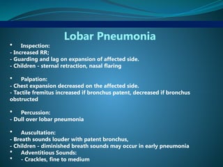Lobar Pneumonia
 Inspection:
- Increased RR;
- Guarding and lag on expansion of affected side.
- Children - sternal retraction, nasal flaring
 Palpation:
- Chest expansion decreased on the affected side.
- Tactile fremitus increased if bronchus patent, decreased if bronchus
obstructed
 Percussion:
- Dull over lobar pneumonia
 Auscultation:
- Breath sounds louder with patent bronchus,
- Children - diminished breath sounds may occur in early pneumonia
 Adventitious Sounds:
 - Crackles, fine to medium
 