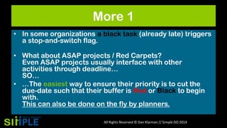 More 1
• In some organizations a black task (already late) triggers
a stop-and-switch flag.

• What about ASAP projects / Red Carpets?
Even ASAP projects usually interface with other
activities through deadline…
SO…
• …The easiest way to ensure their priority is to cut the
due-date such that their buffer is Red or Black to begin
with.
This can also be done on the fly by planners.
All Rights Reserved © Dan Klarman // Simple DO 2014

 