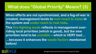 What does “Global Priority” Means? (3)
When efforts are not synchronized, and a fog-of-war is
created, management tends to over-react to noise in
the system and under-react to real risks.
This fire-fighting mode reflects in management overriding local priorities (which is good), but the new
priorities tend to be unstable – which is VERY bad…
…because it enhances the waste factors mentioned
before!
All Rights Reserved © Dan Klarman // Simple DO 2014

 