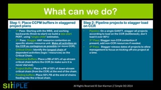 What can we do?
Step 1: Place CCPM buffers in staggered
project plans
•

•

•

•

•

•

1st Pass: Starting with the WBS, and working
backwards (finish-to-start) we build a late-start
PERT, using „single-child‟ estimates.
2nd Pass: Stagger ANY resource contention on
specific atomic resource unit. Make all activities on
the CCR as contagious as possible (or move CCR).
Critical Chain: Identify the longest chain of
dependent activities (logic / resources) as the
Critical Chain.
Resource Buffers: Place a RB of 50% of up-stream
critical chain before the CCR (to make sure it is
never starved).
Project Buffer: Place a PB of 50% of down-stream
critical chain (from the CCR) at the end of the chain.
Feeding buffers: Place 50% FB at the end of chains
feeding into the critical chain.

Step 2: Pipeline projects to stagger load
on CCR
•

•
•

Pipeline: On a single GANTT, stagger all projects
according to load on the CCR (bottleneck), don‟t
load it over 80%!
3rd Pass: Stagger non-CCR contention if
present, add non-CCR resources if needed.
4th Pass: Stagger release dates of projects to allow
management to focus on kicking-off one project at
a time.

All Rights Reserved © Dan Klarman // Simple DO 2014

 