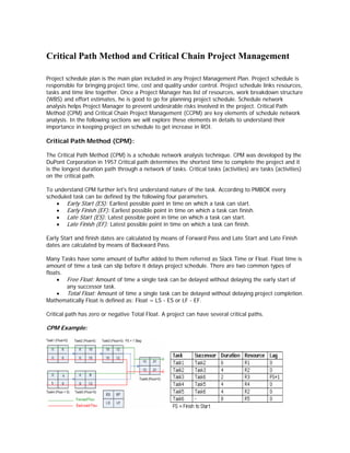 Critical Path Method and Critical Chain Project Management

Project schedule plan is the main plan included in any Project Management Plan. Project schedule is
responsible for bringing project time, cost and quality under control. Project schedule links resources,
tasks and time line together. Once a Project Manager has list of resources, work breakdown structure
(WBS) and effort estimates, he is good to go for planning project schedule. Schedule network
analysis helps Project Manager to prevent undesirable risks involved in the project. Critical Path
Method (CPM) and Critical Chain Project Management (CCPM) are key elements of schedule network
analysis. In the following sections we will explore these elements in details to understand their
importance in keeping project on schedule to get increase in ROI.

Critical Path Method (CPM):

The Critical Path Method (CPM) is a schedule network analysis technique. CPM was developed by the
DuPont Corporation in 1957.Critical path determines the shortest time to complete the project and it
is the longest duration path through a network of tasks. Critical tasks (activities) are tasks (activities)
on the critical path.

To understand CPM further let's first understand nature of the task. According to PMBOK every
scheduled task can be defined by the following four parameters.
    • Early Start (ES): Earliest possible point in time on which a task can start.
    • Early Finish (EF): Earliest possible point in time on which a task can finish.
    • Late Start (ES): Latest possible point in time on which a task can start.
    • Late Finish (EF): Latest possible point in time on which a task can finish.

Early Start and finish dates are calculated by means of Forward Pass and Late Start and Late Finish
dates are calculated by means of Backward Pass.

Many Tasks have some amount of buffer added to them referred as Slack Time or Float. Float time is
amount of time a task can slip before it delays project schedule. There are two common types of
floats.
     • Free Float: Amount of time a single task can be delayed without delaying the early start of
        any successor task.
     • Total Float: Amount of time a single task can be delayed without delaying project completion.
Mathematically Float is defined as: Float = LS - ES or LF - EF.

Critical path has zero or negative Total Float. A project can have several critical paths.

CPM Example:
 
