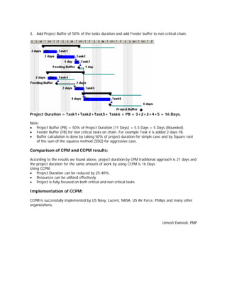 3. Add Project Buffer of 50% of the tasks duration and add Feeder buffer to non critical chain.




Project Duration = Task1+Task2+Task5+ Task6 + PB = 3+2+2+4+5 = 16 Days.

Note:
• Project Buffer (PB) = 50% of Project Duration (11 Days) = 5.5 Days = 5 Days (Rounded).
• Feeder Buffer (FB) for non critical tasks on chain. For example Task 4 is added 2 days FB.
• Buffer calculation is done by taking 50% of project duration for simple case and by Square root
   of the sum of the squares method (SSQ) for aggressive case.

Comparison of CPM and CCPM results:

According to the results we found above, project duration by CPM traditional approach is 21 days and
the project duration for the same amount of work by using CCPM is 16 Days.
Using CCPM:
• Project Duration can be reduced by 25-40%.
• Resources can be utilized effectively.
• Project is fully focused on both critical and non critical tasks

Implementation of CCPM:

CCPM is successfully implemented by US Navy, Lucent, NASA, US Air Force, Philips and many other
organizations.



                                                                                Umesh Dwivedi, PMP
 