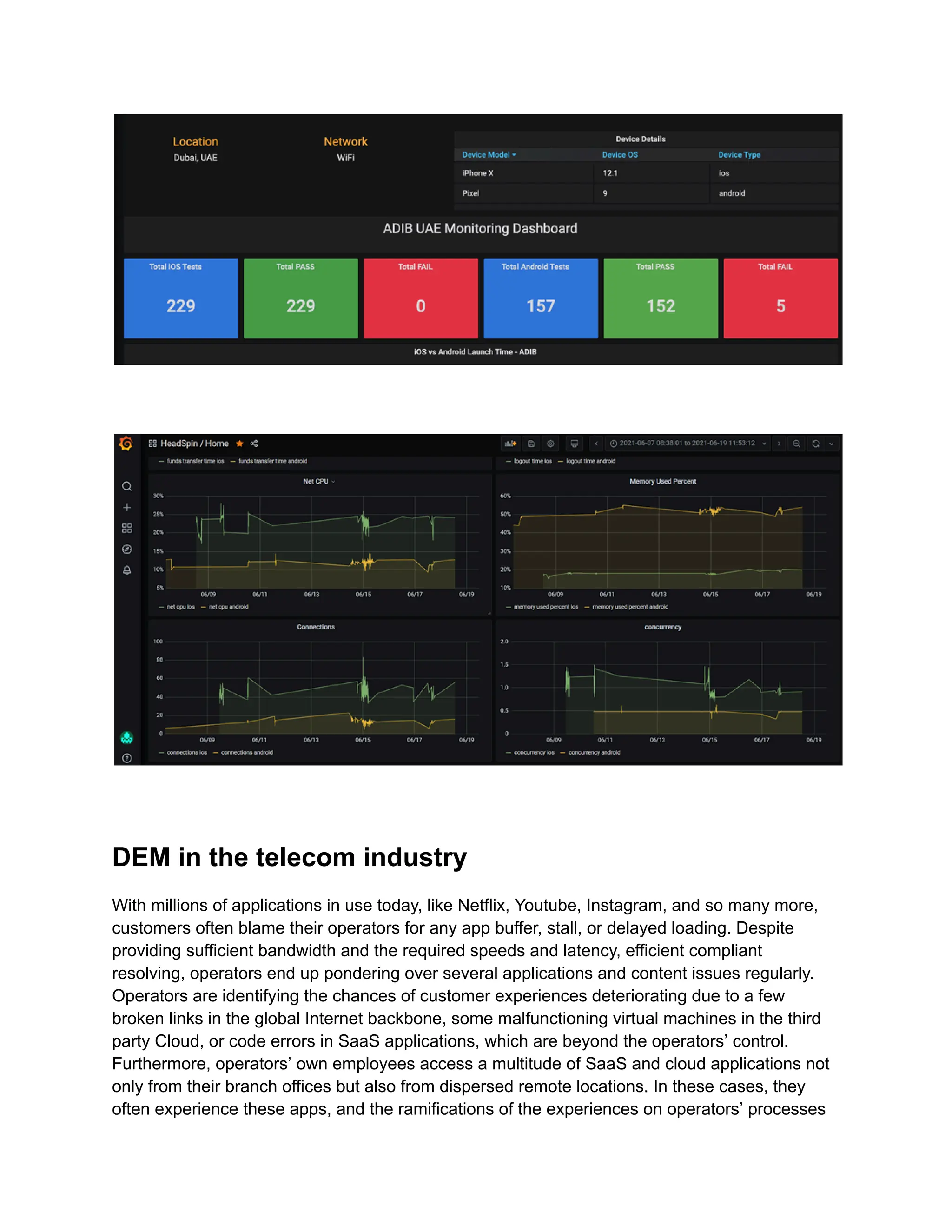 ‍
‍
DEM in the telecom industry
With millions of applications in use today, like Netflix, Youtube, Instagram, and so many more,
customers often blame their operators for any app buffer, stall, or delayed loading. Despite
providing sufficient bandwidth and the required speeds and latency, efficient compliant
resolving, operators end up pondering over several applications and content issues regularly.
Operators are identifying the chances of customer experiences deteriorating due to a few
broken links in the global Internet backbone, some malfunctioning virtual machines in the third
party Cloud, or code errors in SaaS applications, which are beyond the operators’ control.
Furthermore, operators’ own employees access a multitude of SaaS and cloud applications not
only from their branch offices but also from dispersed remote locations. In these cases, they
often experience these apps, and the ramifications of the experiences on operators’ processes
 