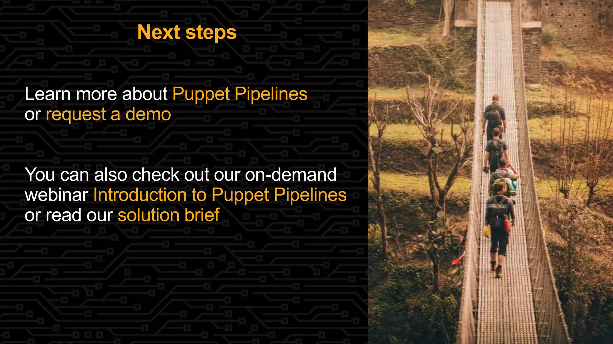 Learn more about Puppet Pipelines
or request a demo
You can also check out our on-demand
webinar Introduction to Puppet Pipelines
or read our solution brief
Next steps
 
