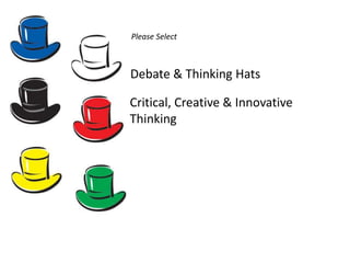 Please Select



Debate & Thinking Hats

Critical, Creative & Innovative
Thinking
 