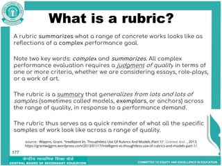 COMMITTED TO EQUITY AND EXCELLENCE IN EDUCATION
What is a rubric?
A rubric summarizes what a range of concrete works looks like as
reflections of a complex performance goal.
Note two key words: complex and summarizes. All complex
performance evaluation requires a judgment of quality in terms of
one or more criteria, whether we are considering essays, role-plays,
or a work of art.
The rubric is a summary that generalizes from lots and lots of
samples (sometimes called models, exemplars, or anchors) across
the range of quality, in response to a performance demand.
The rubric thus serves as a quick reminder of what all the specific
samples of work look like across a range of quality.
source: Wiggins, Grant. "Intelligent Vs. Thoughtless Use Of Rubrics And Models (Part 1)". Granted, And..., 2013,
https://grantwiggins.wordpress.com/2013/01/17/intelligent-vs-thoughtless-use-of-rubrics-and-models-part-1/.
177
177
 