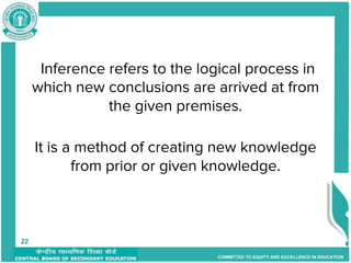 COMMITTED TO EQUITY AND EXCELLENCE IN EDUCATION
Inference refers to the logical process in
which new conclusions are arrived at from
the given premises.
It is a method of creating new knowledge
from prior or given knowledge.
22
22
 