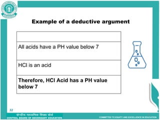 COMMITTED TO EQUITY AND EXCELLENCE IN EDUCATION
Example of a deductive argument
32
All acids have a PH value below 7
HCl is an acid
Therefore, HCl Acid has a PH value
below 7
32
 