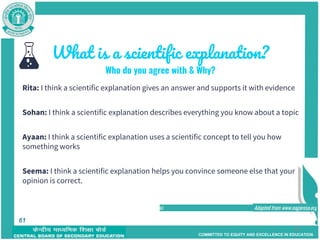 COMMITTED TO EQUITY AND EXCELLENCE IN EDUCATION
61
What is a scientific explanation?
Who do you agree with & Why?
Rita: I think a scientific explanation gives an answer and supports it with evidence
Sohan: I think a scientific explanation describes everything you know about a topic
Ayaan: I think a scientific explanation uses a scientific concept to tell you how
something works
Seema: I think a scientific explanation helps you convince someone else that your
opinion is correct.
61 Adapted from www.nagaresa.org
61
 
