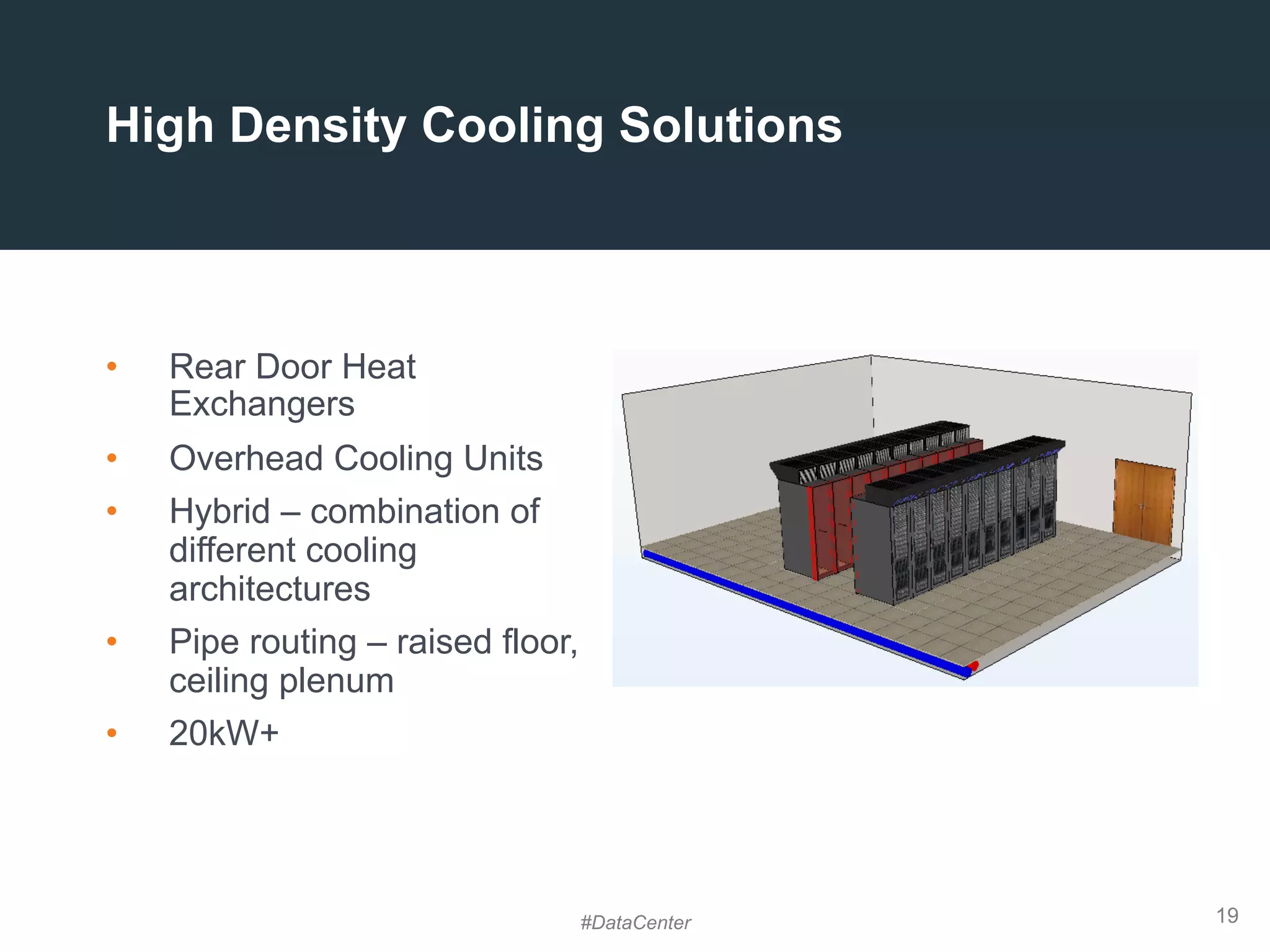 19
High Density Cooling Solutions
•  Rear Door Heat
Exchangers
•  Overhead Cooling Units
•  Hybrid – combination of
different cooling
architectures
•  Pipe routing – raised floor,
ceiling plenum
•  20kW+
#DataCenter
 
