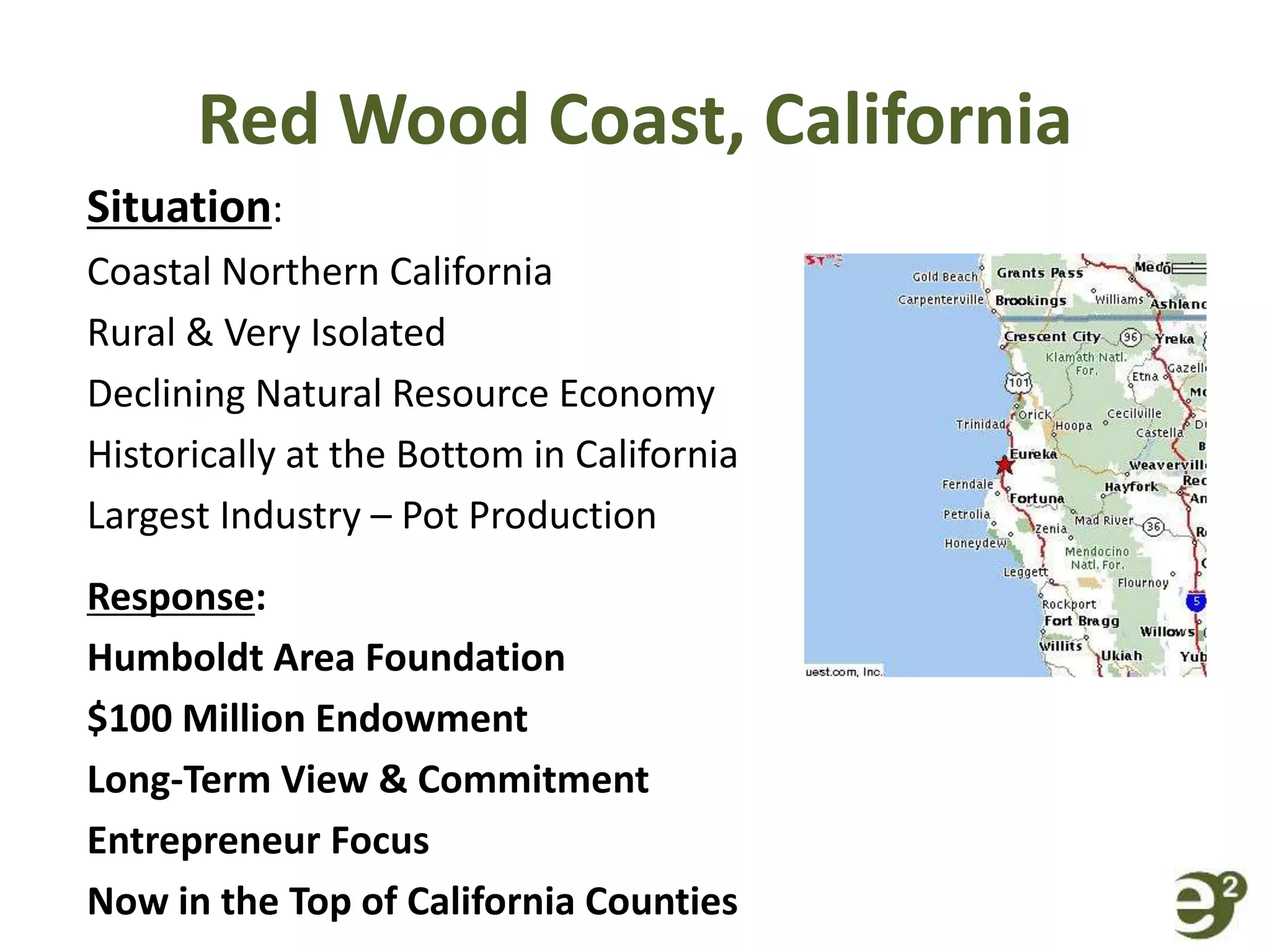 Red Wood Coast, California
Situation:
Coastal Northern California
Rural & Very Isolated
Declining Natural Resource Economy
Historically at the Bottom in California
Largest Industry – Pot Production
Response:
Humboldt Area Foundation
$100 Million Endowment
Long-Term View & Commitment
Entrepreneur Focus
Now in the Top of California Counties
 