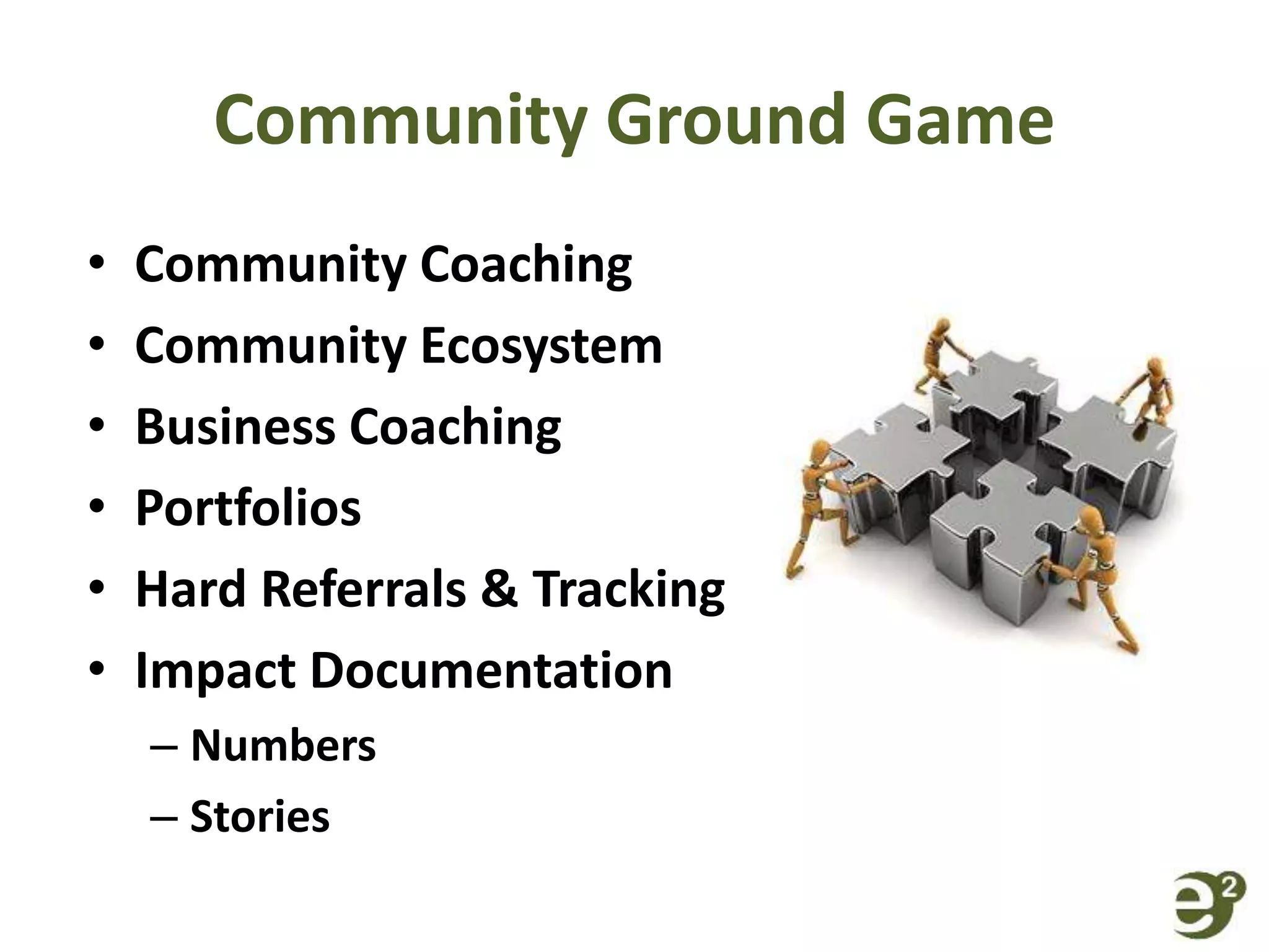 Community Ground Game
• Community Coaching
• Community Ecosystem
• Business Coaching
• Portfolios
• Hard Referrals & Tracking
• Impact Documentation
– Numbers
– Stories
 