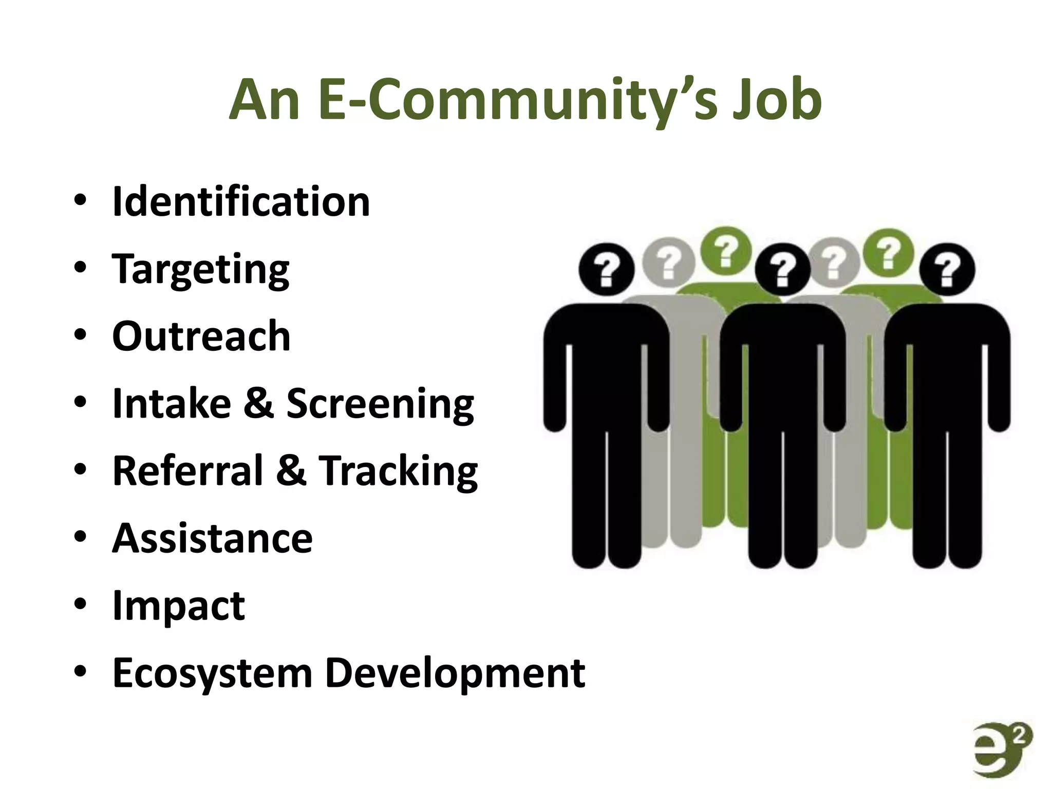 An E-Community’s Job
• Identification
• Targeting
• Outreach
• Intake & Screening
• Referral & Tracking
• Assistance
• Impact
• Ecosystem Development
 