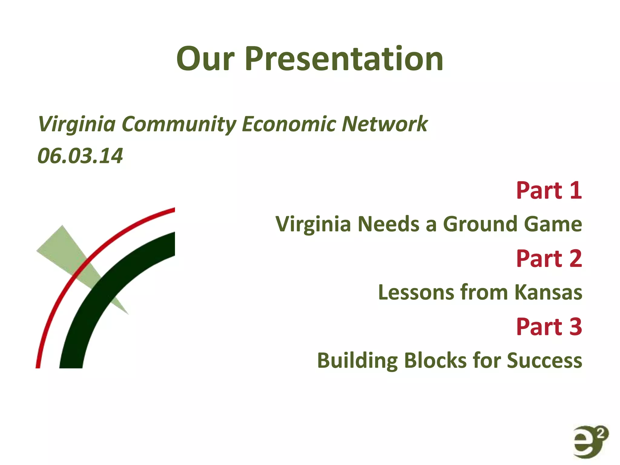 Our Presentation
Virginia Community Economic Network
06.03.14
Part 1
Virginia Needs a Ground Game
Part 2
Lessons from Kansas
Part 3
Building Blocks for Success
 