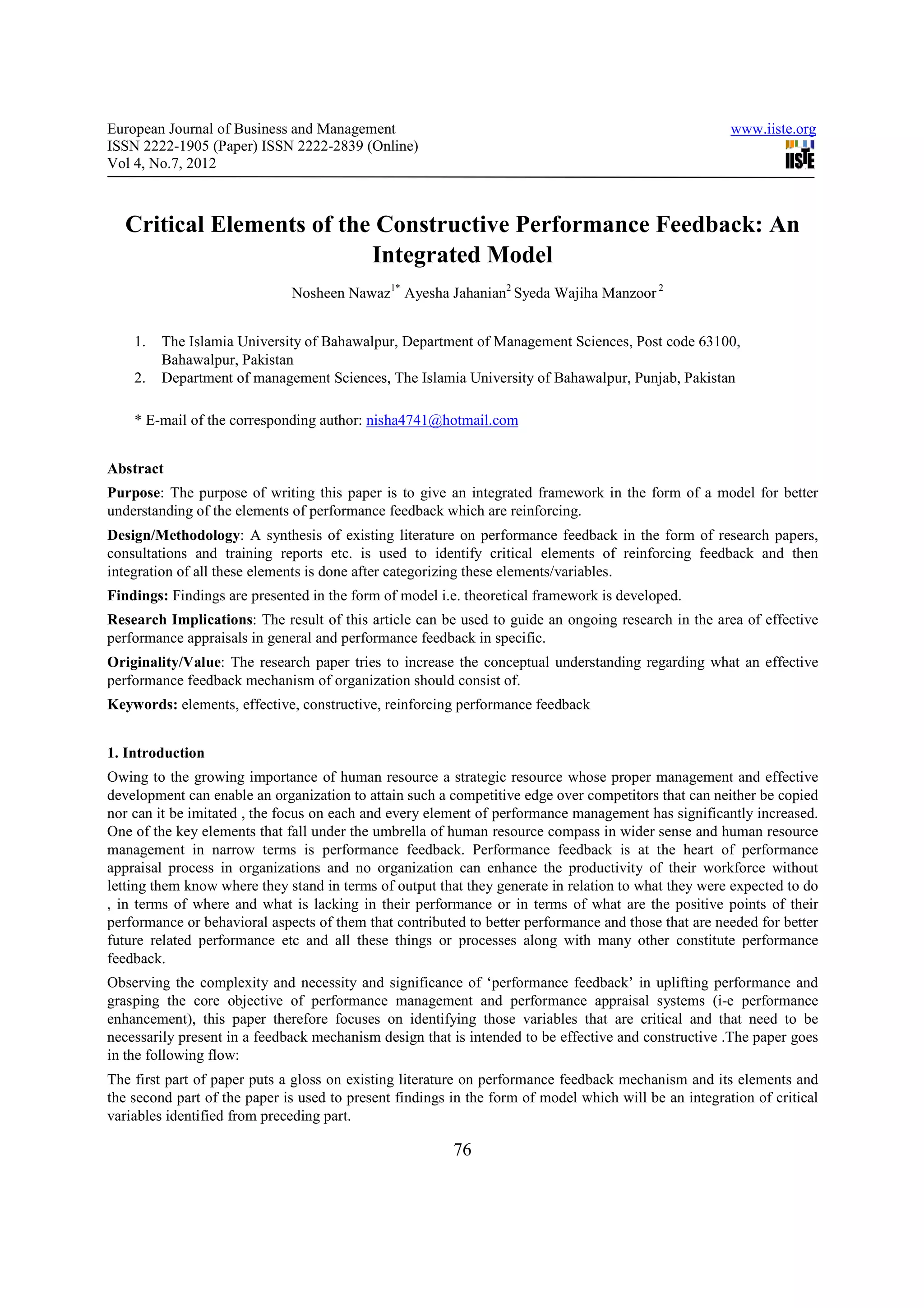 Critical elements of the constructive performance feedback an ...