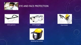 EYE AND FACE PROTECTION
Safety glasses Safety goggles Face shield
Welding face shield
 