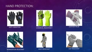 HAND PROTECTION:
ANTI-VIBRATION CHEMICAL-RESISTANCT
LEATHER PALM
PERMEATION-RESISTANT HEAT-RESISTANT CUT-RESISTANT
 