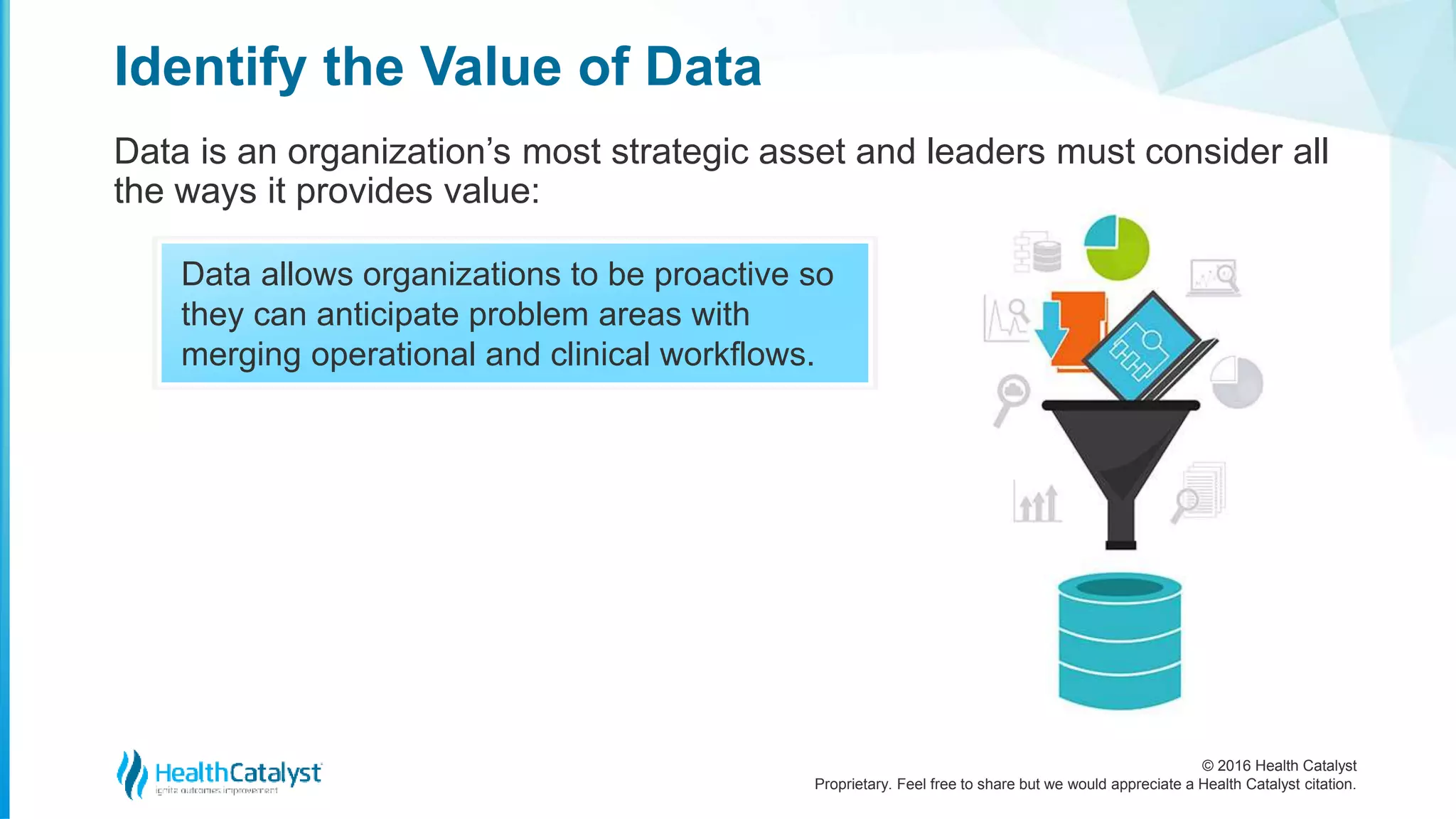 © 2016 Health Catalyst
Proprietary. Feel free to share but we would appreciate a Health Catalyst citation.
Identify the Value of Data
Data is an organization’s most strategic asset and leaders must consider all
the ways it provides value:
Data allows organizations to be proactive so
they can anticipate problem areas with
merging operational and clinical workflows.
 