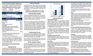 Select the amount that’s right for you.
You may apply for up to $50,000 of valuable critical
illness protection. Children may apply for $10,000.
Select a Benefit level to fit your needs.
$10,000 $20,000 $30,000
$40,000 $50,000
Dependent Children’s Benefit $10,000
CATEGORY ONE BENEFITS
CATEGORY TWO BENEFITS
Conditions Percent Paid
Cancer (Internal Cancer)*
Non-Invasive Carcinoma In-Situ
100%
25%
Heart Attack
Stroke
Coronary Artery Bypass**
Angioplasty
Pacemaker Implant -single chambered
Pacemaker Implant -double chambered
End Stage Renal Failure
Organ Transplant (kidney)
Organ Transplant (heart, lung, liver and
pancreas)
100%
100%
25%
10%
30%
40%
100%
50%
100%
Conditions Percent Paid
If you collect a benefit for the first diagnosed illness or
procedure under this policy in one category of benefits and
then have a second diagnosis of a condition or procedure
in another category under this policy we will pay the
maximum benefit to you again.
If a partial benefit is paid (25%) the remainder of the
benefit will be payable upon the diagnosis of another
covered condition.
During the first 90 days after the Effective Date of coverage,
Reinstatement date or for a second date of occurrence resulting
in a Diagnosis or procedure in a Multiple Condition instance,
We will pay 25% of the Percentage Benefit Payable listed in the
Policy Schedule.
Reduced Benefits
Reduction of Benefits Due To Age
Any benefits remaining at age 65 or older will reduce 50%.
Guaranteed Renewable
This Policy is guaranteed renewable to age 75 by the timely
payment of premiums. It must be paid on or before its due
date, or within the 31 days that follow. When an Insured’s
coverage terminates at age 75, coverage for other Insured
persons, if any, shall continue under this Policy.
After the first 12 months, We reserve the right, subject to 30
days (45 or 60 days depending on state) prior written notice to
You at Your last known address, to establish a new schedule
of premium rates; such schedule of rates will be effective on
the following renewal date for all or any class of Insured’s
covered by this Policy. Premiums are scheduled to change
annually based upon each Insured’s attained age. Attained
age means the age of the Insured on the Policy Effective Date
of coverage and subsequent Policy anniversary.
Attained Age Pricing Issue Age Pricing
0 5 YRS 10YRS
Benefit Definitions
Cancer (Internal Cancer)
A disease that is identified by the uncontrolled and abnormal
growth of malignant cells. This includes Hodgkin’s Disease,
leukemia, lymphoma, carcinoma, sarcoma, malignant melanoma
that is Diagnosed as Clark’s Level IIIor above or Breslow greater
than .75mm and malignant tumors. Diagnosis must be made by
a Pathologist based on a microscopic examination of fixed tissue
or preparations from the hemic system.
For purposes of the policy, the following are not considered
Cancer (Internal Cancer): pre-malignant conditions or conditions
with malignant potential, cervical intraepithelial neoplasia (CIN)
stages I and II, Carcinoma in Situ, Non-Invasive Carcinoma
In-Situ, Leukoplakia, hyperplasia, polycythemia, moles, lesions,
Skin Cancer.
Non-Invasive Carcinoma In-Situ
A localized malignant tumor, which contains one or several cells
that have the potential to invade or metastasize but have not yet
done so. This excludes Skin Cancer. Diagnosis must be made
by a licensed Pathologist.
Heart Attack
The death (infarction) of a portion of the heart muscle as a result
of inadequate blood supply. Diagnosis of a Heart Attack must be
made by a Legally Qualified Physician who is a board certified
Cardiologist. Diagnosis of a Heart Attack must be based on all of
the following criteria:
(1) associated new EKG changes consistent with Injury;
(2) elevation of cardiac enzymes above generally accepted la-
boratory levels of normal (a diagnostic elevation of Troponin I or
in the case of CPK, a CPK-MB measurement must be used) and
(3) confirmatory imaging studies such as thallium scans, MUGA
scans or stress echocardiograms.
The following are not considered a Heart Attack: an EKG
change consistent with transient ischemic change, angina,
or chance finding of EKG changes suggestive of a previous
Heart Attack, or death of the heart muscle coincident with
death of an insured from other causes.
In the event of death, an autopsy confirmation and death
certificate identifying Heart Attack as the cause of death will
be accepted.
* Excludes pre-malignant conditions or conditions with malignant
potential; cervical intraepithelial neoplasia (CIN) stage I and II;
Carcinoma in Situ and Skin Cancer.
** Payable for one Coronary Artery Bypass Surgery only.
Waiting Period
The benefits of this Policy are payable for loss that begins
more than 90 days after the Effective Date of coverage for
each Insured person. If the Diagnosis is made within the
first 90 days, we will pay 25% of the benefit payable as
listed in Category One and Two of the policy.
Stroke
A cerebrovascular event resulting in permanent neurological
damage, including infarction of, hemorrhage of, or emboliza-
tion to brain tissue from an extracranial source. Diagnosis of
Stroke must be made by a Legally Qualified Physician who is
a board certified Neurologist. Diagnosis of a Stroke must be
based on the following criteria:
(1) documented neurological impairment or deficits; and
(2) confirming neuroimaging studies.
Stroke does not mean a cerebrovascular event resulting from
a head Injury, transient ischemic attack, chronic cerebrovas-
cular insufficiency and reversible ischemic neurological
deficits.
Coronary Artery Bypass Surgery (surgical treatment)
The first ever heart surgery to correct narrowing or blockage
of one or more coronary arteries with bypass grafts,
performed by a Legally Qualified Physician who is a board
certified Cardiothoracic Surgeon. Payable for one Coronary
Artery Bypass Surgery per insured person.
Angioplasty
The undergoing of angioplasty, atherectomy or laser treat-
ment for coronary artery disease,whichcannot be adequately
controlled by medical therapy, following a recommendation
by a cardiologist. Angiographic evidence of the underlying
disease must be provided.
Pacemaker Implant
The procedure to insert an artificial pacemaker. A pacemaker
is a device that sends small electrical impulses to the heart
muscle to maintain a suitable heart rate or to stimulate the
lower chambers of the heart (ventricles). A pacemaker may
also be used to treat fainting spells (syncope), congestive
heart failure and hypertrophic cardiomyopathy.
Organ Transplant (heart, lung, liver, pancreas)
The actual undergoing, as a recipient, of a transplant due
to failure of one of the following organs: heart, lung, liver or
pancreas.
0 5 YRS 10 YRS
Issue Age PricingAttained Age Pricing
Total Costs of Insurance
PALIC
PALIC
Competition
Competition
Attained Age Pricing
In order to make this plan as affordable as possible, we used a
pricing method that is called Attained Age Pricing. By using this
method the cost of the plan is lower at the beginning and takes
small incremental increases each year there after.
This is in contrasts to a method called Issue Age Pricing where
the premium starts out much higher but remains at the same
level for several years or the life of the policy.
Which method is better?
We believe that Attained Age Pricing is better for the consumer
since it’s more affordable up front and allows you to purchase
the amount you need by paying less when your income is lower
and as your income continues to grow you will be able to pay a
little higher premium.
In comparing this method to other insurance carriers that prices
their product using Issue Age Pricing, we find that our method
can save you as much as 20% to 30% (see graph) in the first 10
Years depending on your age.
 