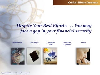 Despite Your Best Efforts . . . You may face a gap in your financial security Death Lost Wages Long-term Care Health Costs Uncovered Expenses 