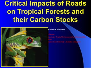 William F. Laurance
Director
Centre for Tropical Environmental and Sustainability
Science
James Cook University Australia - Singapore
Critical Impacts of Roads
on Tropical Forests and
their Carbon Stocks
 