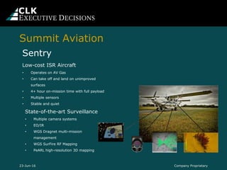Company Proprietary23-Jun-16
Sentry
Low-cost ISR Aircraft
• Operates on AV Gas
• Can take off and land on unimproved
surfaces
• 4+ hour on-mission time with full payload
• Multiple sensors
• Stable and quiet
State-of-the-art Surveillance
• Multiple camera systems
• EO/IR
• WGS Dragnet multi-mission
management
• WGS SurFire RF Mapping
• PeARL high-resolution 3D mapping
Summit Aviation
 