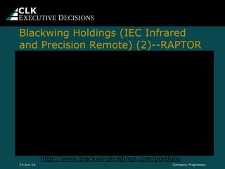 Company Proprietary23-Jun-16
https://www.youtube.com/e
mbed/JZ0VnyeNt3A
Blackwing Holdings (IEC Infrared
and Precision Remote) (2)--RAPTOR
http://www.blackwingholdings.com/portfolio
 