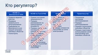 Кто регулятор?
ФОИВ по
безопасности КИИ
• Правила ведения
реестра
• Проверка
правильности
категорирования
• Требования по
безопасности для
каждой категории
значимых объектов
• Госконтроль
ФОИВ по ГосСОПКЕ
• Оценка состояния
защищенности
• Порядок
реагирования на
компьютерные
инциденты
• Порядок ликвидации
последствий
компьютерных атак
• Порядок обмена
информацией об
инцидентах
• Устанавливает на
объектах КИИ и
сетях электросвязи
элементы ГосСОПКИ
• Требования к
ГосСОПКЕ
Минкомсвязи
• Требования по
безопасности для
объектов связи и
ИТС
• Порядок и
техусловия
установки элементов
ГосСОПКИ на сетях
электросвязи
Правительство
• Показатели
критериев
категорирования
• Порядок
категорирования
• Порядок госконтроля
значимых объектов
• Порядок подготовки и
использования сетей
электросвязи для
значимых объектов
 