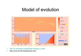 Model of evolution http://en.wikipedia.org/wiki/Bak-Sneppen_model http://cmol.nbi.dk/models/bs/bs.html 