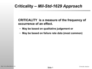 Criticality – Mil-Std-1629 Approach


                            CRITICALITY is a measure of the frequency of
                            occurrence of an effect.
                            – May be based on qualitative judgement or
                            – May be based on failure rate data (most common)




http://www.fmea-fmeca-com                                                 Criticality Analysis
                                                  Slide 1
 