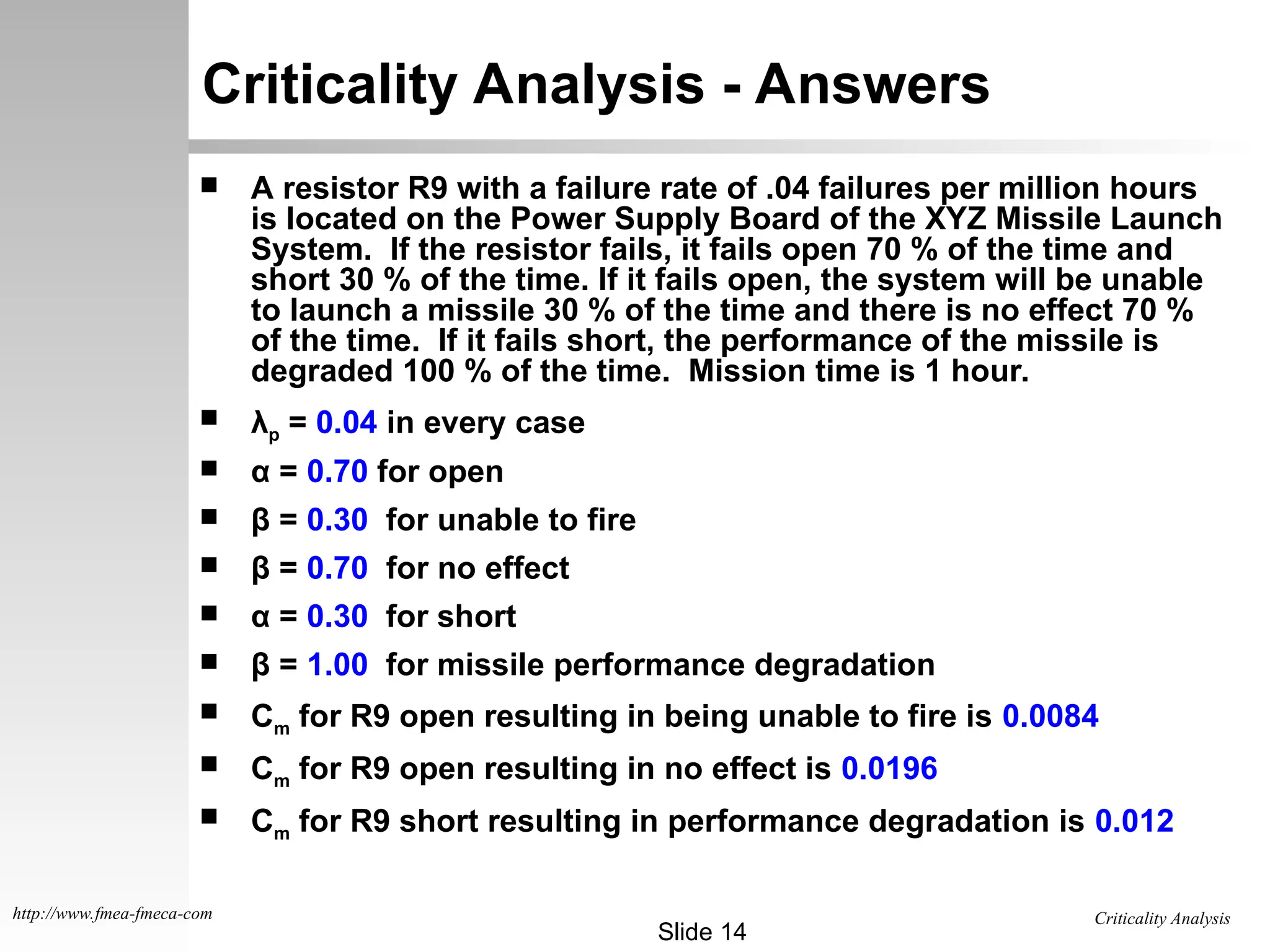 Criticality Analysis
Slide 14
http://www.fmea-fmeca-com
Criticality Analysis - Answers
 A resistor R9 with a failure rate of .04 failures per million hours
is located on the Power Supply Board of the XYZ Missile Launch
System. If the resistor fails, it fails open 70 % of the time and
short 30 % of the time. If it fails open, the system will be unable
to launch a missile 30 % of the time and there is no effect 70 %
of the time. If it fails short, the performance of the missile is
degraded 100 % of the time. Mission time is 1 hour.
 λp = 0.04 in every case
 α = 0.70 for open
 β = 0.30 for unable to fire
 β = 0.70 for no effect
 α = 0.30 for short
 β = 1.00 for missile performance degradation
 Cm for R9 open resulting in being unable to fire is 0.0084
 Cm for R9 open resulting in no effect is 0.0196
 Cm for R9 short resulting in performance degradation is 0.012
 