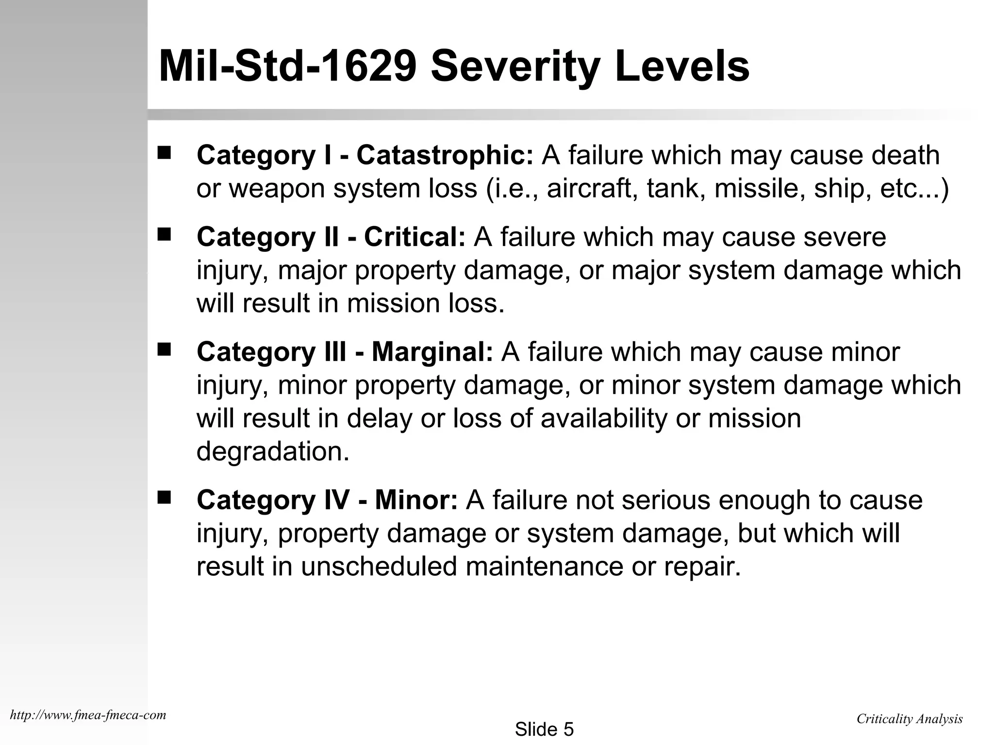 Criticality Analysis
Slide 5
http://www.fmea-fmeca-com
Mil-Std-1629 Severity Levels
 Category I - Catastrophic: A failure which may cause death
or weapon system loss (i.e., aircraft, tank, missile, ship, etc...)
 Category II - Critical: A failure which may cause severe
injury, major property damage, or major system damage which
will result in mission loss.
 Category III - Marginal: A failure which may cause minor
injury, minor property damage, or minor system damage which
will result in delay or loss of availability or mission
degradation.
 Category IV - Minor: A failure not serious enough to cause
injury, property damage or system damage, but which will
result in unscheduled maintenance or repair.
 