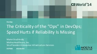 The Criticality of the “Ops” in DevOps; 
Speed Hurts if Reliability Is Missing 
Marivi Stuchinsky 
DOT06S #CAWorld 
Molina Healthcare, Inc. 
Vice President Enterprise Infrastructure Services 
DevOps 
 