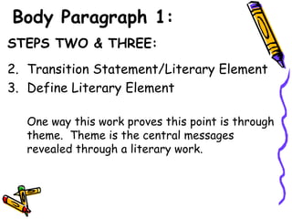Body Paragraph 1:
STEPS TWO & THREE:
2. Transition Statement/Literary Element
3. Define Literary Element

  One way this work proves this point is through
  theme. Theme is the central messages
  revealed through a literary work.
 