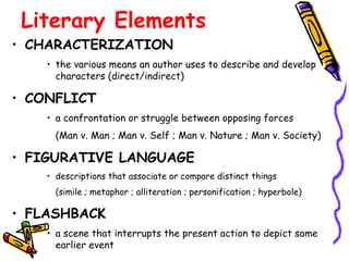 Literary Elements
• CHARACTERIZATION
    • the various means an author uses to describe and develop
      characters (direct/indirect)

• CONFLICT
    • a confrontation or struggle between opposing forces
      (Man v. Man ; Man v. Self ; Man v. Nature ; Man v. Society)

• FIGURATIVE LANGUAGE
    • descriptions that associate or compare distinct things
      (simile ; metaphor ; alliteration ; personification ; hyperbole)

• FLASHBACK
    • a scene that interrupts the present action to depict some
      earlier event
 